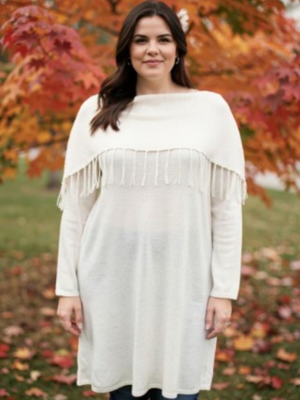 Essentials Cream Off the Shoulder Sweater with Fringe Fits Size 18W to 20W NWT